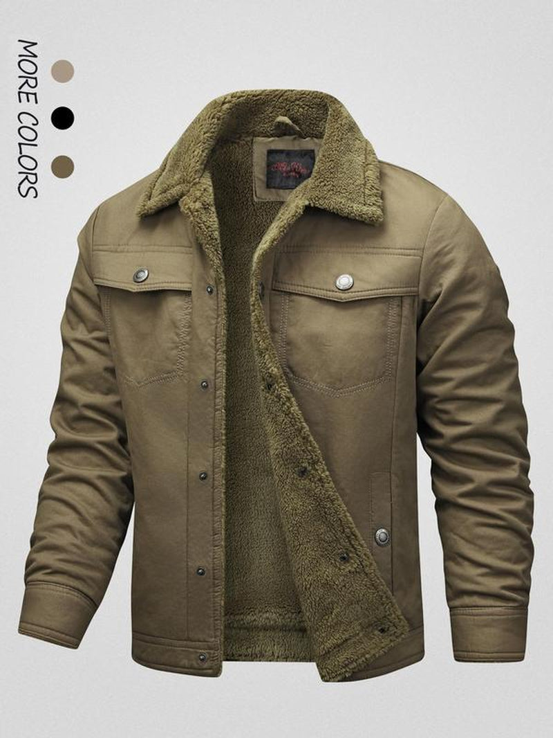 Men'S Solid Button Front Pocket Fleece Jacket, Regular Fit Casual Long Sleeve Thermal Lined Collared Outerwear for Winter, Men'S Clothes for Daily Wear