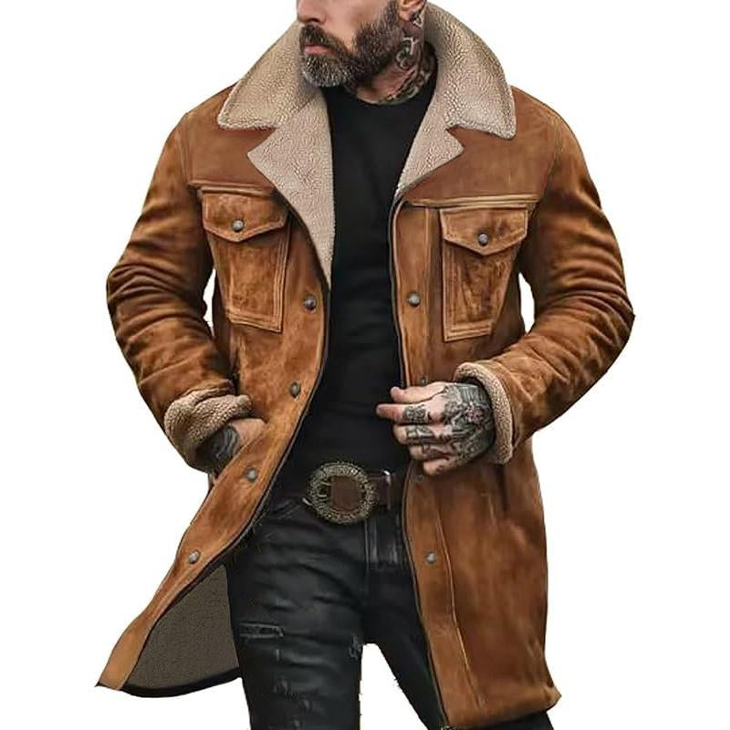 Mens Western Cowboy Jacket Vintage Suede Jacket Long Trench Coats Zip up Plush Collar Cowboy Peacoat Retro Tops Casual Menswear Fathersdaygift Soft Fleece Hoodie Jacket Western Clothing Jackets Letterman Ffa Jacket Western Clothing Windbreakers Leather
