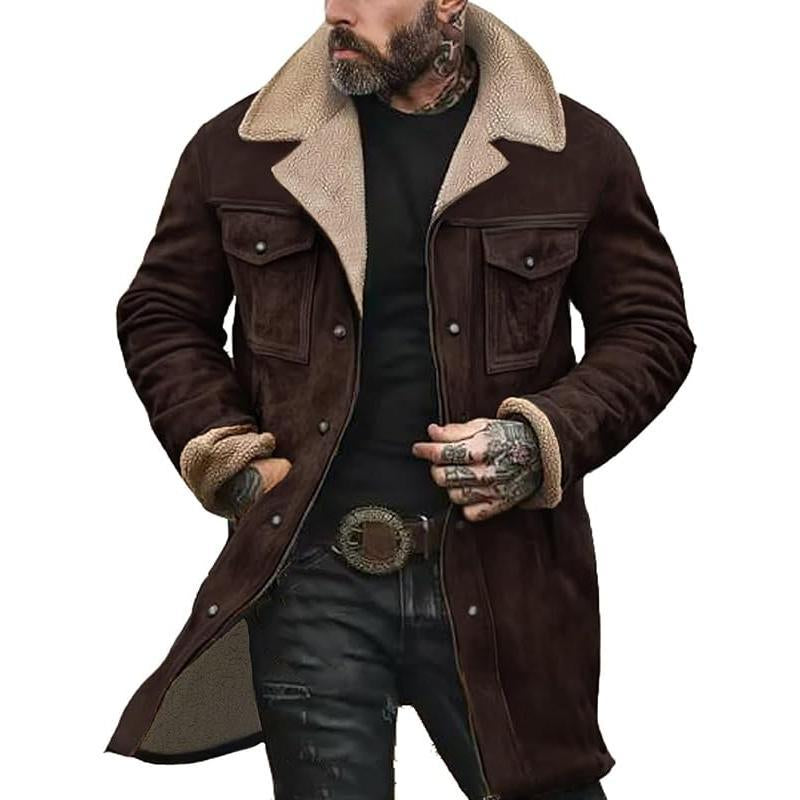 Mens Western Cowboy Jacket Vintage Suede Jacket Long Trench Coats Zip up Plush Collar Cowboy Peacoat Retro Tops Casual Menswear Fathersdaygift Soft Fleece Hoodie Jacket Western Clothing Jackets Letterman Ffa Jacket Western Clothing Windbreakers Leather