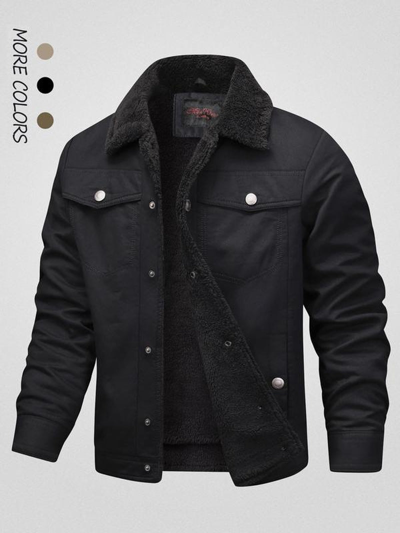 Men'S Solid Button Front Pocket Fleece Jacket, Regular Fit Casual Long Sleeve Thermal Lined Collared Outerwear for Winter, Men'S Clothes for Daily Wear