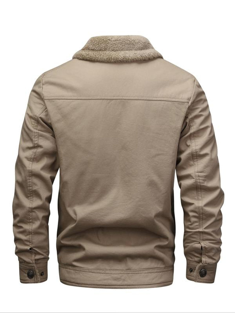 Men'S Solid Button Front Pocket Fleece Jacket, Regular Fit Casual Long Sleeve Thermal Lined Collared Outerwear for Winter, Men'S Clothes for Daily Wear