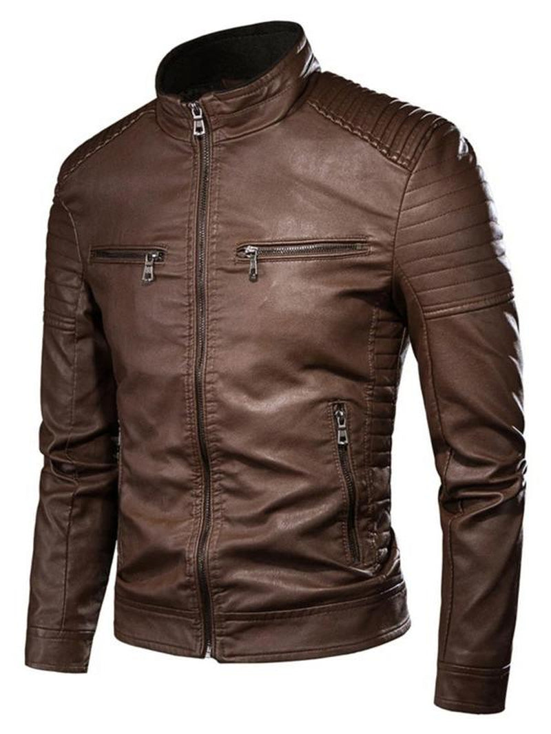 Men'S Solid Zip up Mock Neck Faux Leather Jacket, Slim Casual Long Sleeve Outerwear for Fall & Winter, Men'S Clothes for Daily Wear