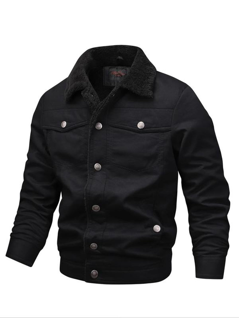 Men'S Solid Button Front Pocket Fleece Jacket, Regular Fit Casual Long Sleeve Thermal Lined Collared Outerwear for Winter, Men'S Clothes for Daily Wear