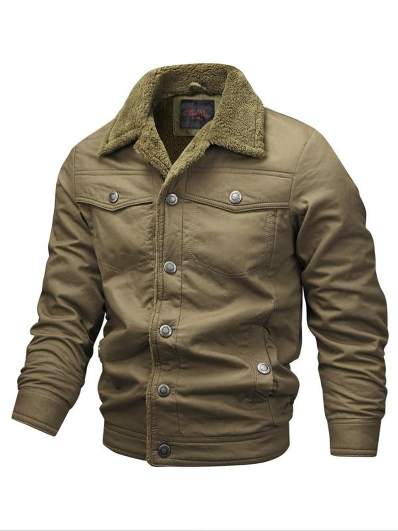 Men'S Solid Button Front Pocket Fleece Jacket, Regular Fit Casual Long Sleeve Thermal Lined Collared Outerwear for Winter, Men'S Clothes for Daily Wear