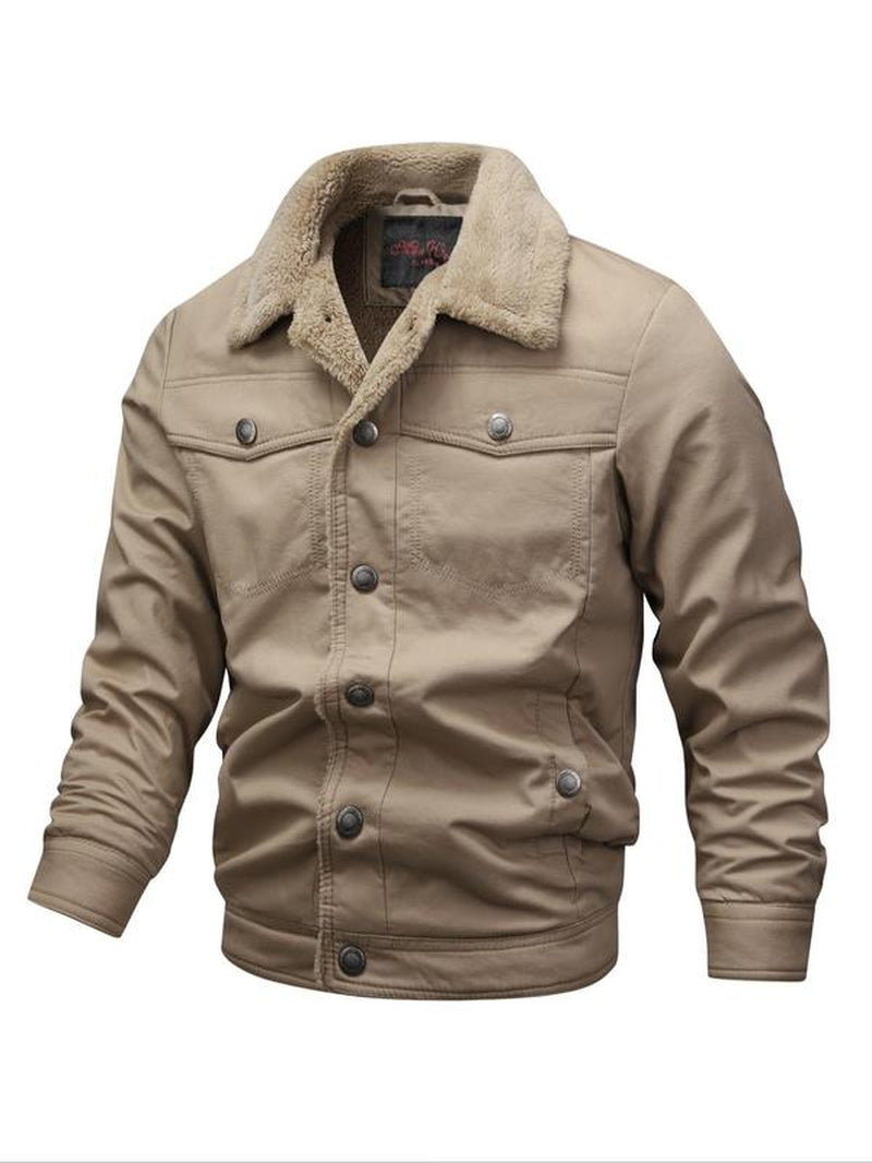 Men'S Solid Button Front Pocket Fleece Jacket, Regular Fit Casual Long Sleeve Thermal Lined Collared Outerwear for Winter, Men'S Clothes for Daily Wear