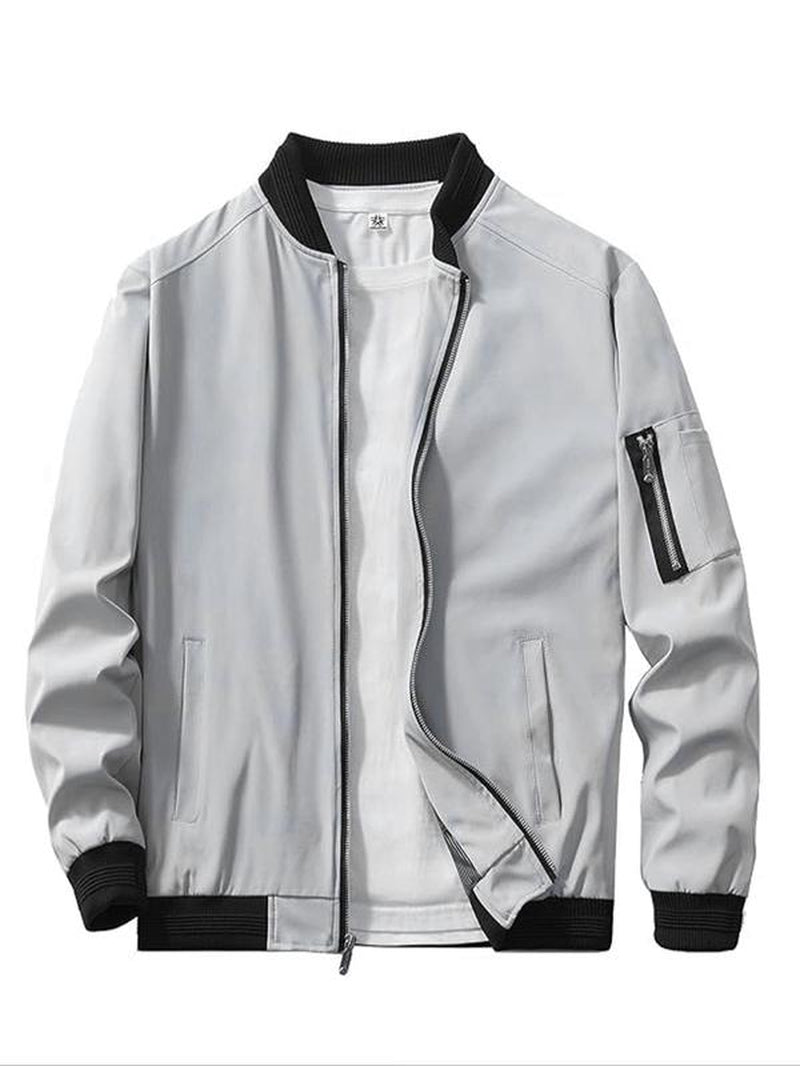 Men'S Colorblock Zip up Pocket Bomber Jacket, Casual Long Sleeve Stand Collar Windproof Outerwear for Spring & Fall, Men'S Clothes for Daily Wear