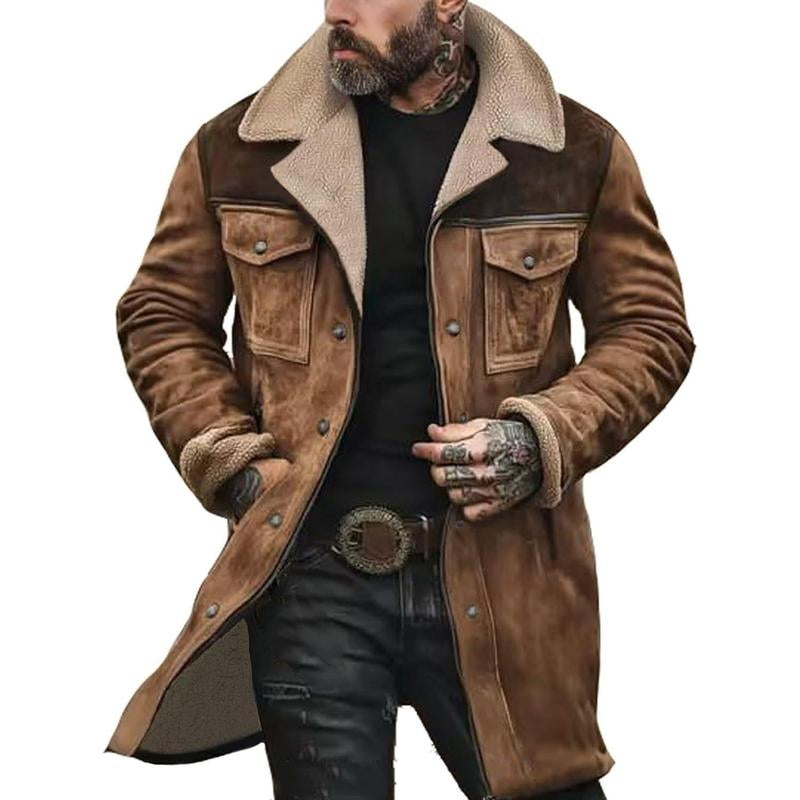 Mens Western Cowboy Jacket Vintage Suede Jacket Long Trench Coats Zip up Plush Collar Cowboy Peacoat Retro Tops Casual Menswear Fathersdaygift Soft Fleece Hoodie Jacket Western Clothing Jackets Letterman Ffa Jacket Western Clothing Windbreakers Leather