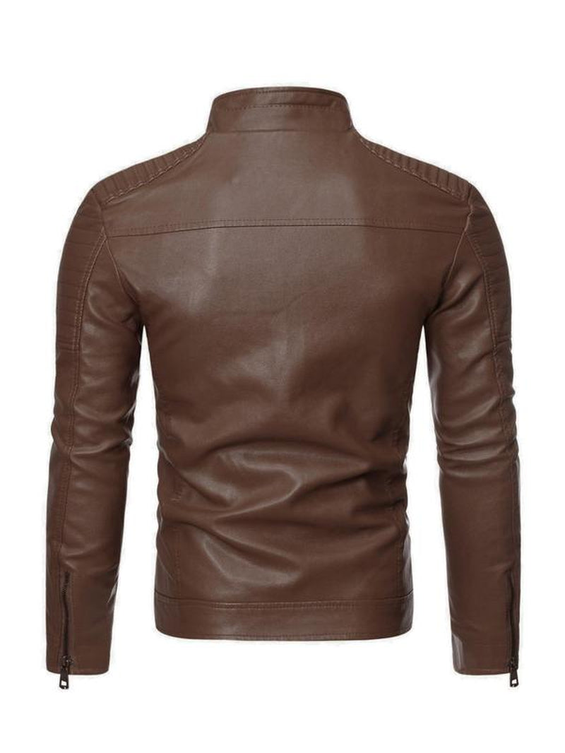 Men'S Solid Zip up Mock Neck Faux Leather Jacket, Slim Casual Long Sleeve Outerwear for Fall & Winter, Men'S Clothes for Daily Wear