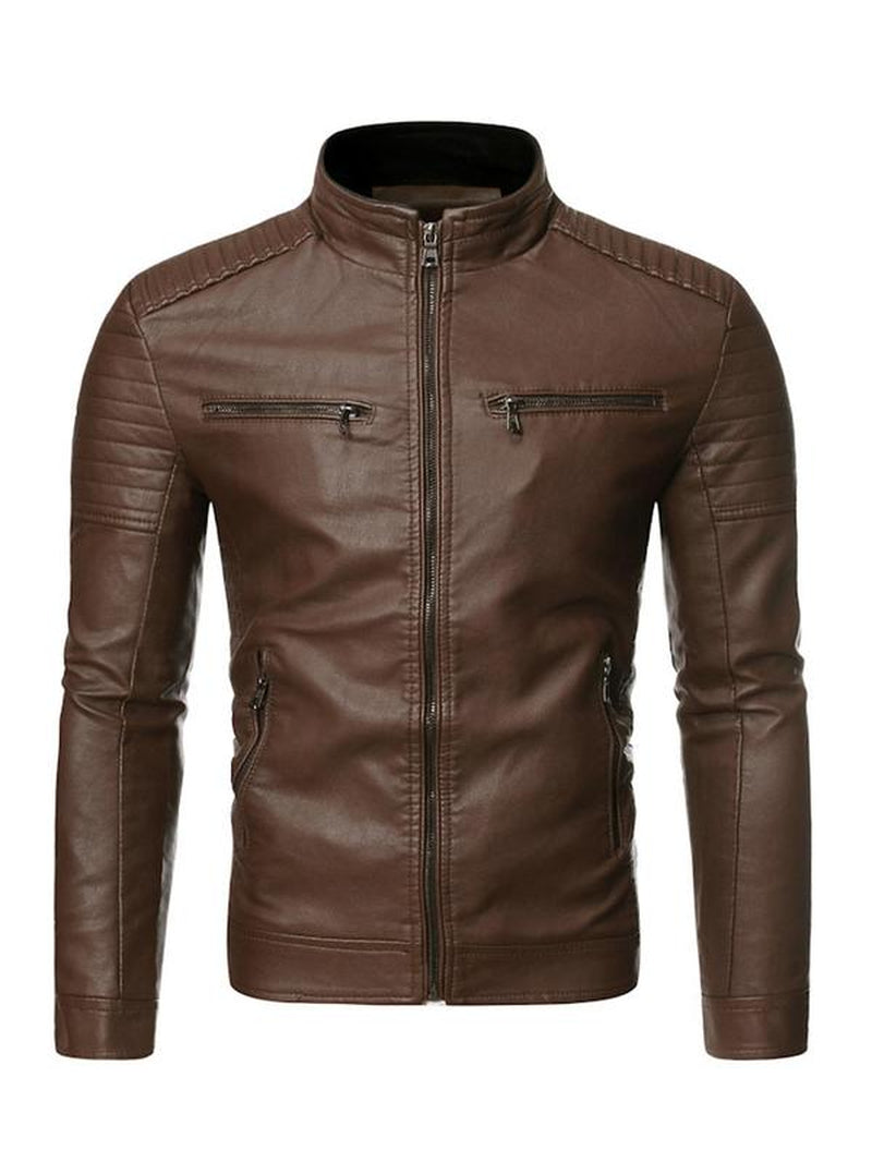 Men'S Solid Zip up Mock Neck Faux Leather Jacket, Slim Casual Long Sleeve Outerwear for Fall & Winter, Men'S Clothes for Daily Wear