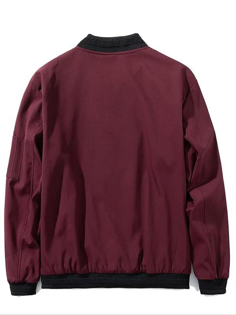 Men'S Colorblock Zip up Pocket Bomber Jacket, Casual Long Sleeve Stand Collar Windproof Outerwear for Spring & Fall, Men'S Clothes for Daily Wear