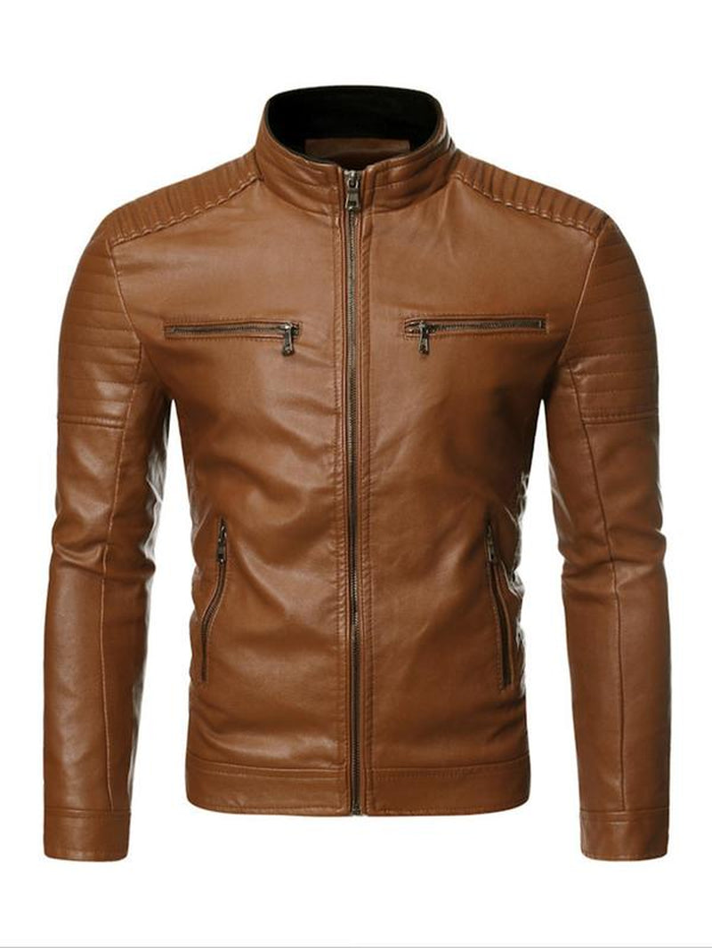 Men'S Solid Zip up Mock Neck Faux Leather Jacket, Slim Casual Long Sleeve Outerwear for Fall & Winter, Men'S Clothes for Daily Wear