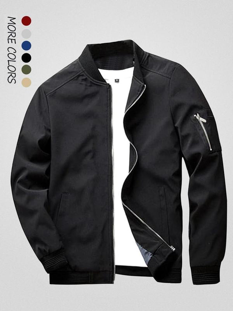 Men'S Colorblock Zip up Pocket Bomber Jacket, Casual Long Sleeve Stand Collar Windproof Outerwear for Spring & Fall, Men'S Clothes for Daily Wear