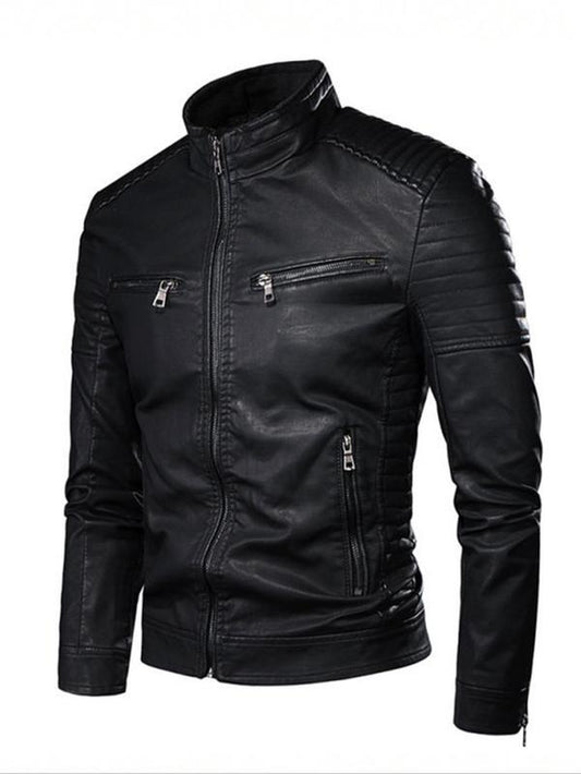Men'S Solid Zip up Mock Neck Faux Leather Jacket, Slim Casual Long Sleeve Outerwear for Fall & Winter, Men'S Clothes for Daily Wear