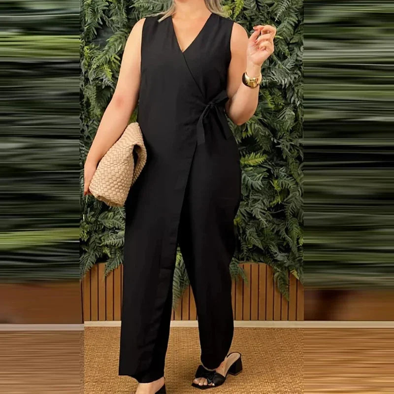 Women'S Casual V-Neck Cross Strap Jumpsuit Streetwear Loose Romper Elegant Lace up Sleeveless Hollow Out Solid Office Jumpsuits