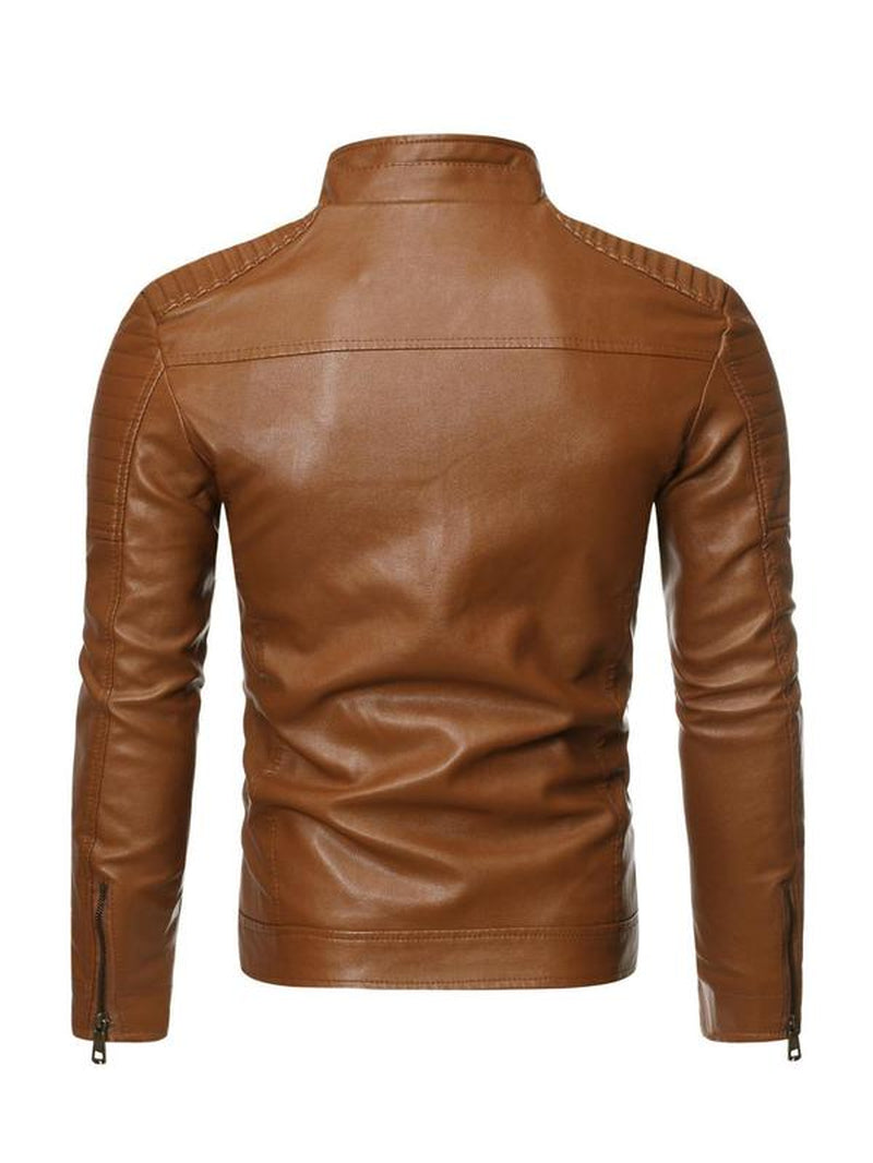 Men'S Solid Zip up Mock Neck Faux Leather Jacket, Slim Casual Long Sleeve Outerwear for Fall & Winter, Men'S Clothes for Daily Wear
