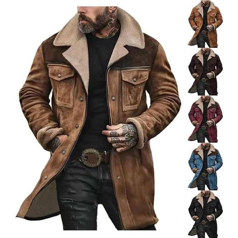 Mens Western Cowboy Jacket Vintage Suede Jacket Long Trench Coats Zip up Plush Collar Cowboy Peacoat Retro Tops Casual Menswear Fathersdaygift Soft Fleece Hoodie Jacket Western Clothing Jackets Letterman Ffa Jacket Western Clothing Windbreakers Leather