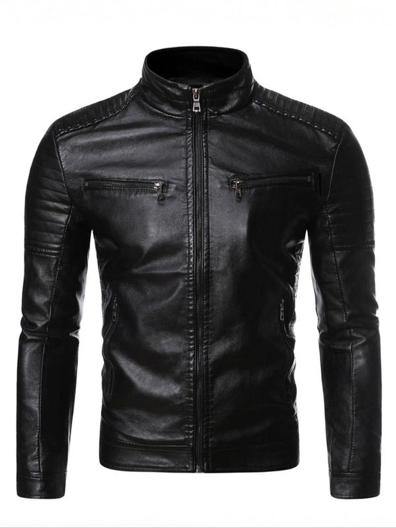 Men'S Solid Zip up Mock Neck Faux Leather Jacket, Slim Casual Long Sleeve Outerwear for Fall & Winter, Men'S Clothes for Daily Wear