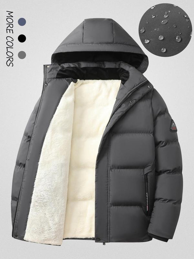 Men'S Solid Color Patched Zip up Longsleeves Hooded Winter Coat Jackets, Regular Fit Casual Long Sleeve Waterproof Warm Winter Jacket for Winter, Men'S Clothes for Daily Wear