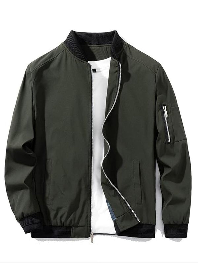 Men'S Colorblock Zip up Pocket Bomber Jacket, Casual Long Sleeve Stand Collar Windproof Outerwear for Spring & Fall, Men'S Clothes for Daily Wear