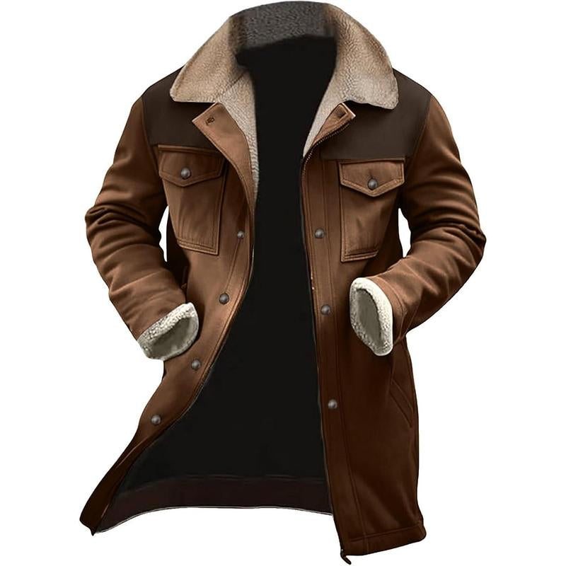 Mens Western Cowboy Jacket Vintage Suede Jacket Long Trench Coats Zip up Plush Collar Cowboy Peacoat Retro Tops Casual Menswear Fathersdaygift Soft Fleece Hoodie Jacket Western Clothing Jackets Letterman Ffa Jacket Western Clothing Windbreakers Leather