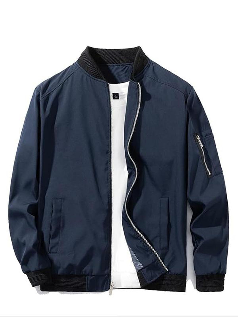 Men'S Colorblock Zip up Pocket Bomber Jacket, Casual Long Sleeve Stand Collar Windproof Outerwear for Spring & Fall, Men'S Clothes for Daily Wear