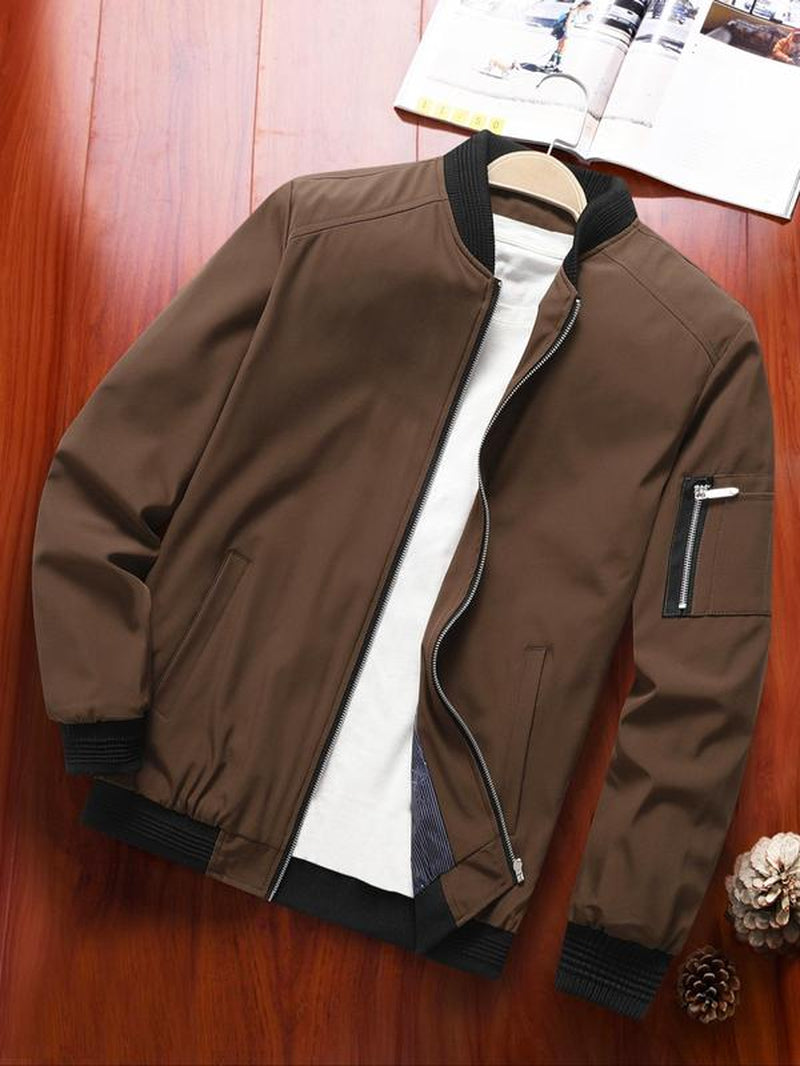 Men'S Colorblock Zip up Pocket Bomber Jacket, Casual Long Sleeve Stand Collar Windproof Outerwear for Spring & Fall, Men'S Clothes for Daily Wear