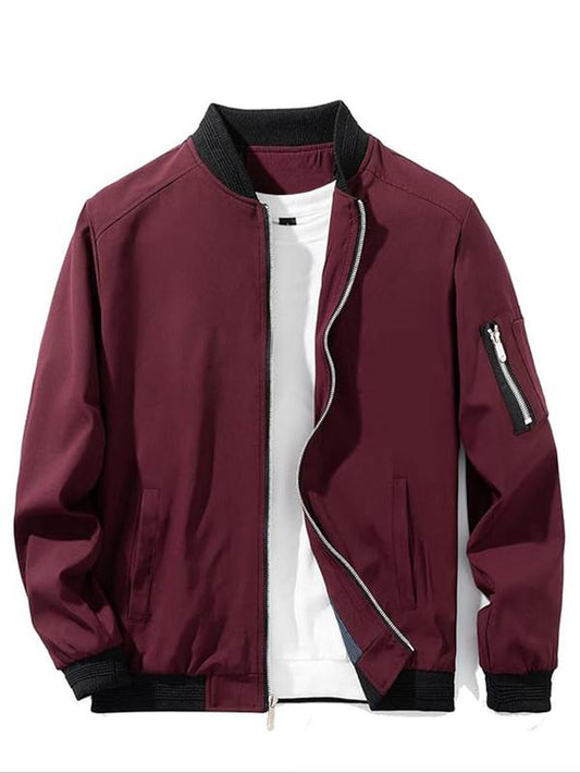 Men'S Colorblock Zip up Pocket Bomber Jacket, Casual Long Sleeve Stand Collar Windproof Outerwear for Spring & Fall, Men'S Clothes for Daily Wear