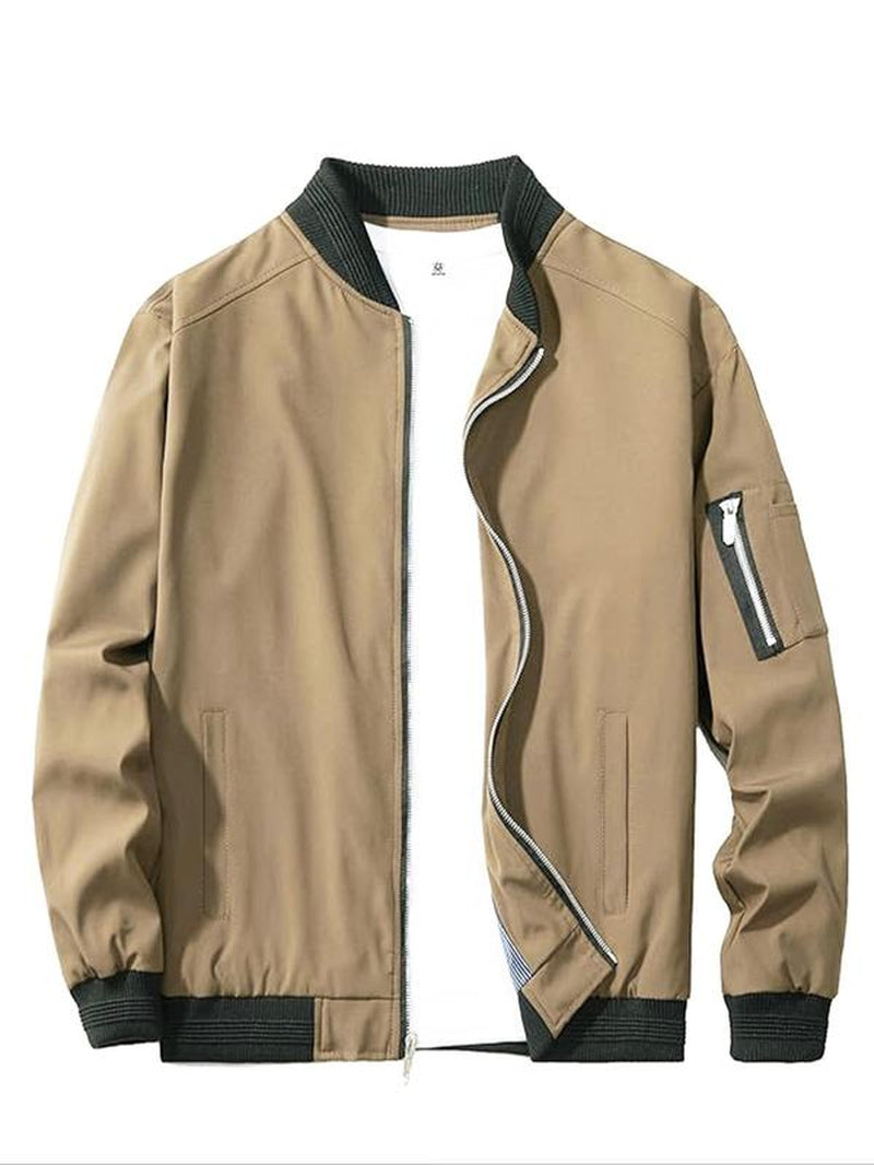 Men'S Colorblock Zip up Pocket Bomber Jacket, Casual Long Sleeve Stand Collar Windproof Outerwear for Spring & Fall, Men'S Clothes for Daily Wear