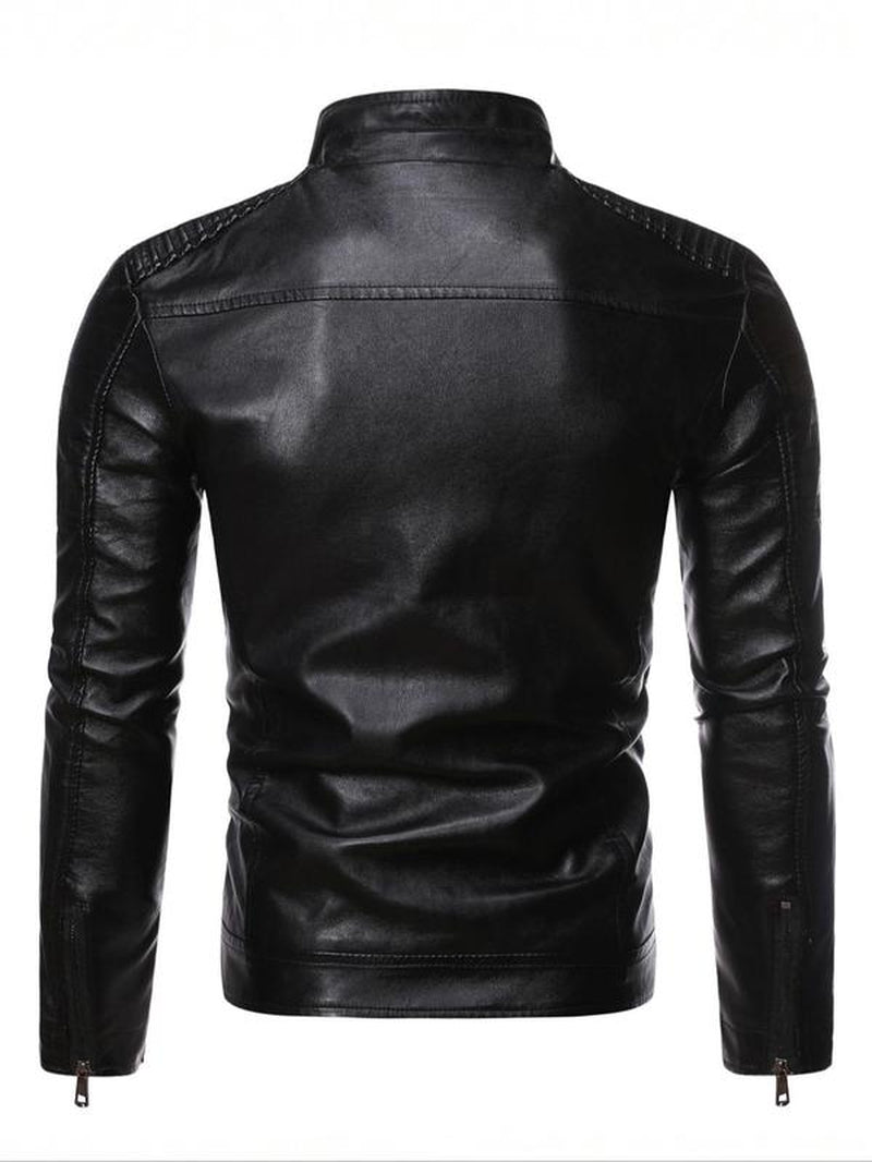 Men'S Solid Zip up Mock Neck Faux Leather Jacket, Slim Casual Long Sleeve Outerwear for Fall & Winter, Men'S Clothes for Daily Wear